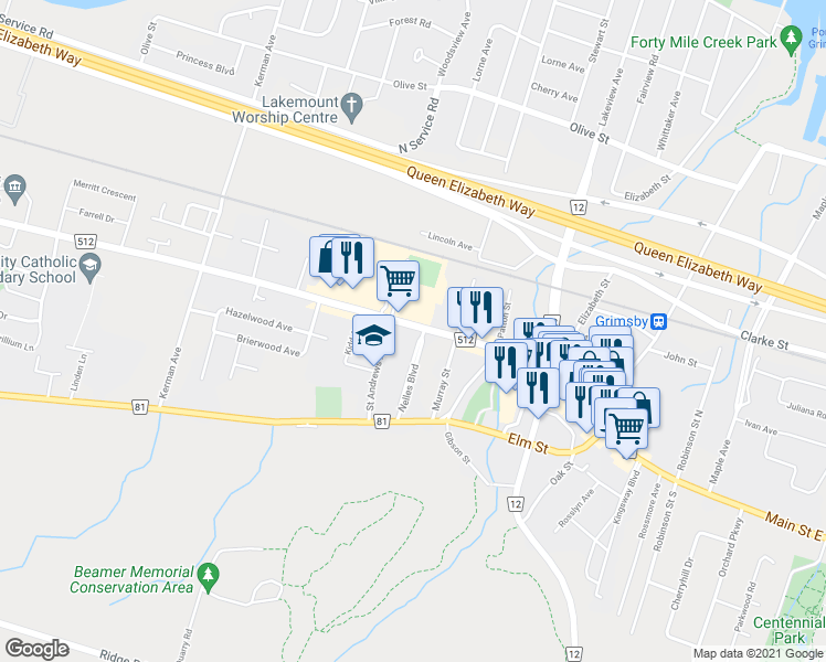 map of restaurants, bars, coffee shops, grocery stores, and more near 21 Livingston Avenue in Grimsby