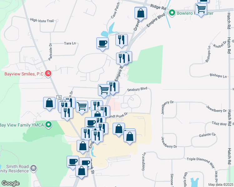 map of restaurants, bars, coffee shops, grocery stores, and more near 2014 Empire Boulevard in Webster