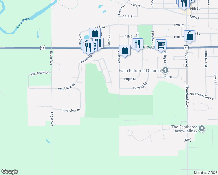 map of restaurants, bars, coffee shops, grocery stores, and more near 804 Heritage Drive in Rock Valley