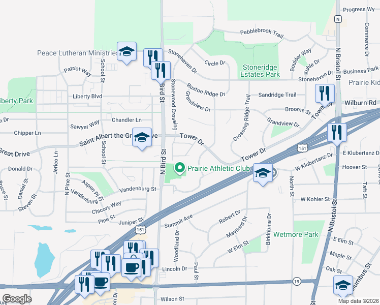 map of restaurants, bars, coffee shops, grocery stores, and more near 1048 Fitness Run in Sun Prairie
