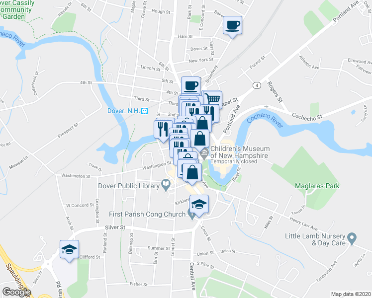 map of restaurants, bars, coffee shops, grocery stores, and more near 1 Orchard Street in Dover