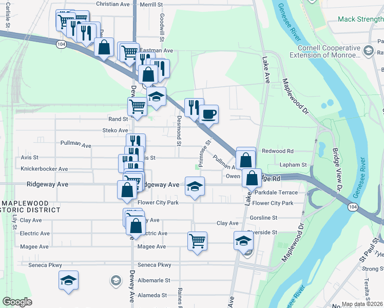 map of restaurants, bars, coffee shops, grocery stores, and more near 20 Avis Street in Rochester