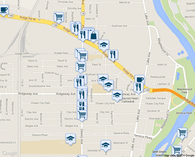 map of restaurants, bars, coffee shops, grocery stores, and more near 132 Avis Street in Rochester