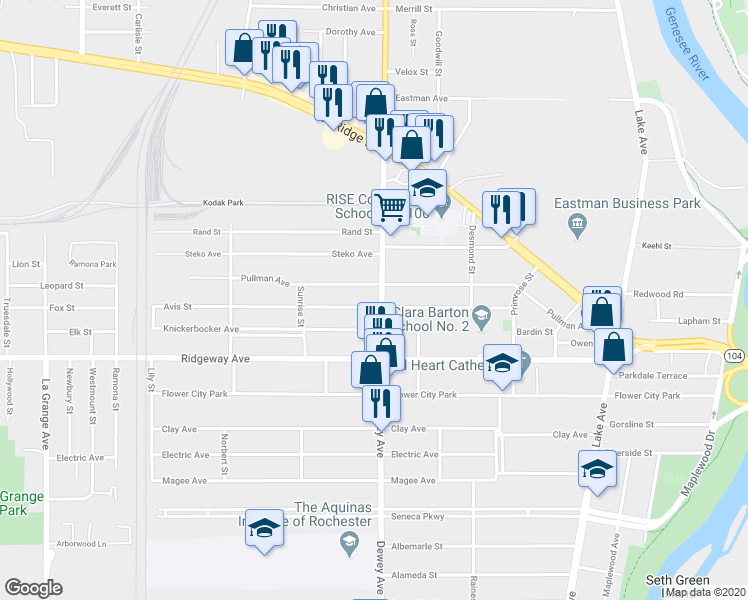 map of restaurants, bars, coffee shops, grocery stores, and more near in Rochester