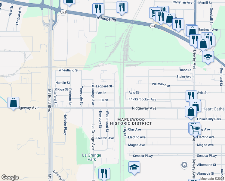 map of restaurants, bars, coffee shops, grocery stores, and more near 687 Ramona Street in Rochester