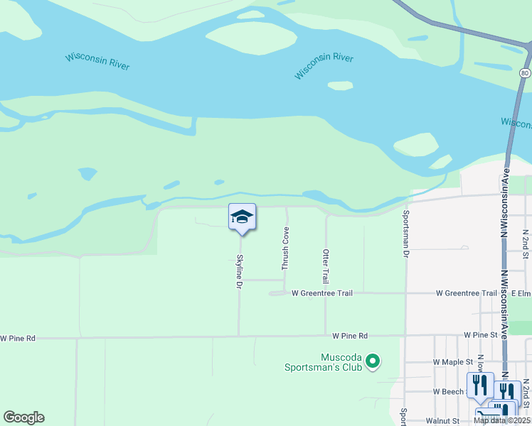 map of restaurants, bars, coffee shops, grocery stores, and more near 19035 Thrush Cove in Muscoda