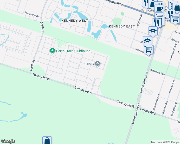 map of restaurants, bars, coffee shops, grocery stores, and more near 59 Critzia Drive in Hamilton