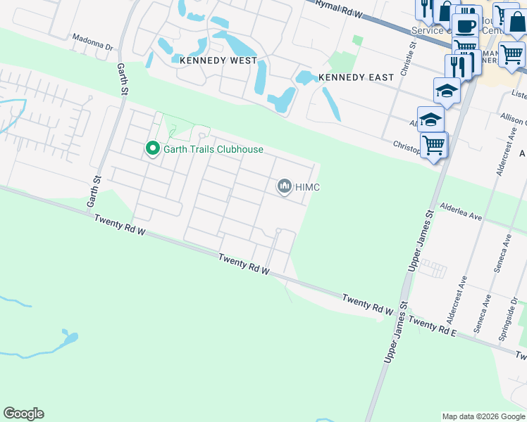 map of restaurants, bars, coffee shops, grocery stores, and more near 59 Critzia Drive in Hamilton