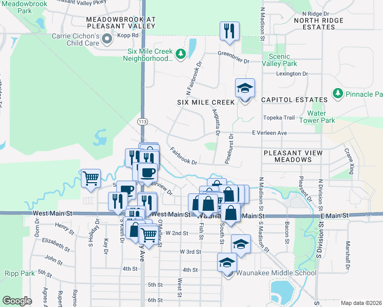 map of restaurants, bars, coffee shops, grocery stores, and more near 403 Doral Court in Waunakee