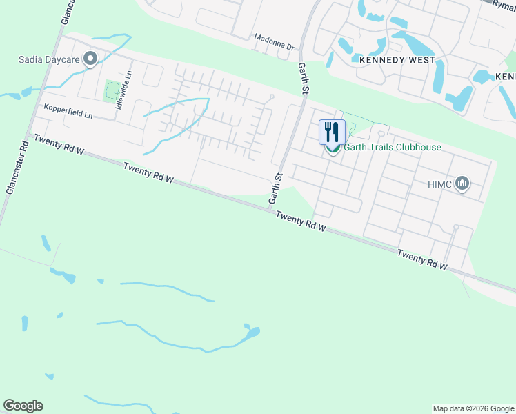 map of restaurants, bars, coffee shops, grocery stores, and more near Twenty Road West in Hamilton