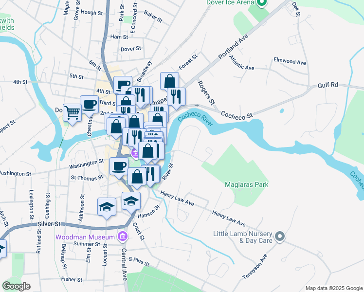 map of restaurants, bars, coffee shops, grocery stores, and more near 2010 River Street in Dover