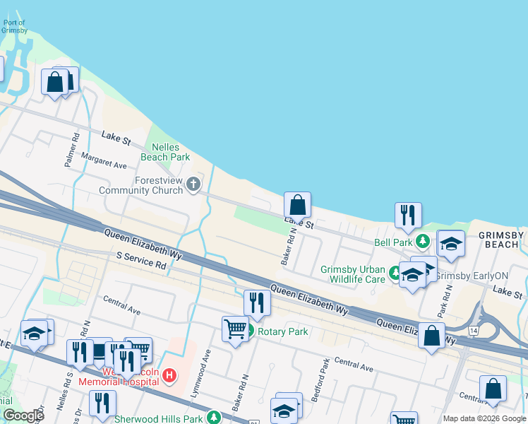 map of restaurants, bars, coffee shops, grocery stores, and more near Lake Street in Grimsby