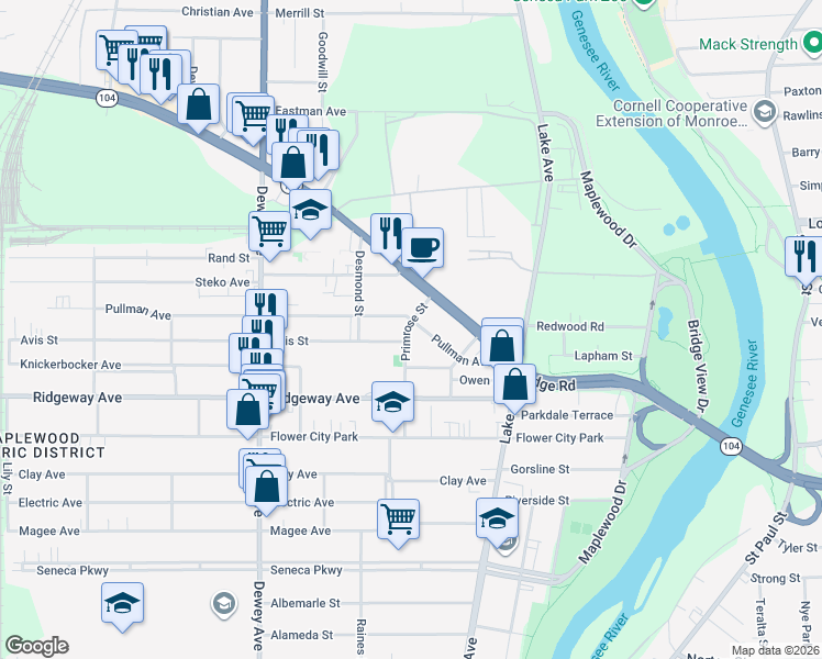 map of restaurants, bars, coffee shops, grocery stores, and more near 95 Pullman Avenue in Rochester