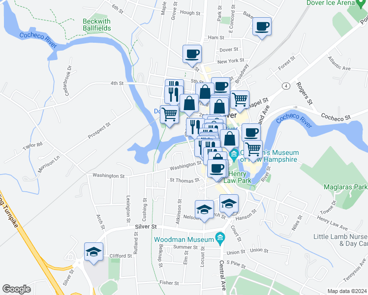 map of restaurants, bars, coffee shops, grocery stores, and more near in Dover