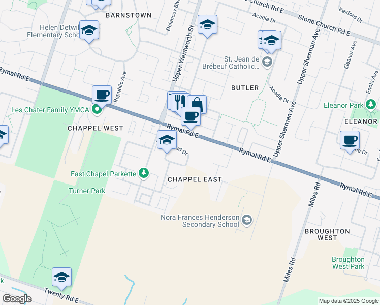 map of restaurants, bars, coffee shops, grocery stores, and more near 71 Arrowhead Drive in Hamilton