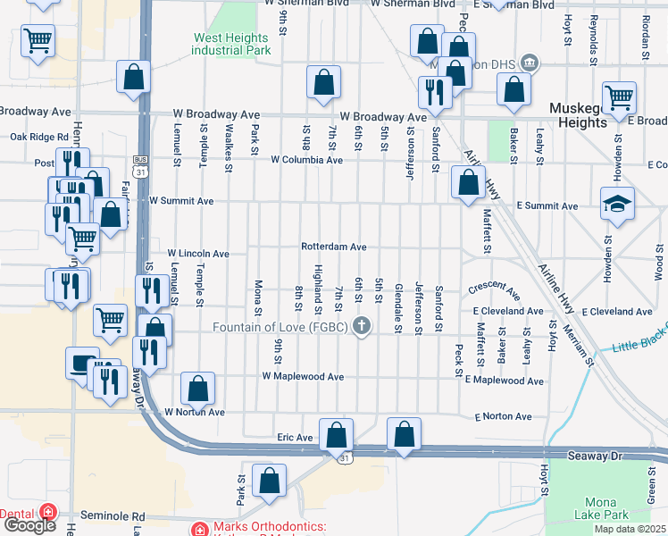 map of restaurants, bars, coffee shops, grocery stores, and more near 3126 Highland Street in Muskegon Heights