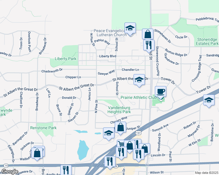 map of restaurants, bars, coffee shops, grocery stores, and more near 1183 Saint Albert the Great Court in Sun Prairie