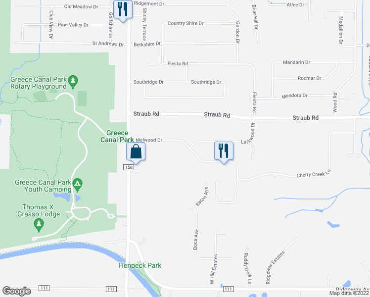 map of restaurants, bars, coffee shops, grocery stores, and more near 145 Melwood Drive in Rochester