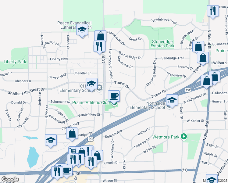 map of restaurants, bars, coffee shops, grocery stores, and more near 652 Village Ln in Sun Prairie