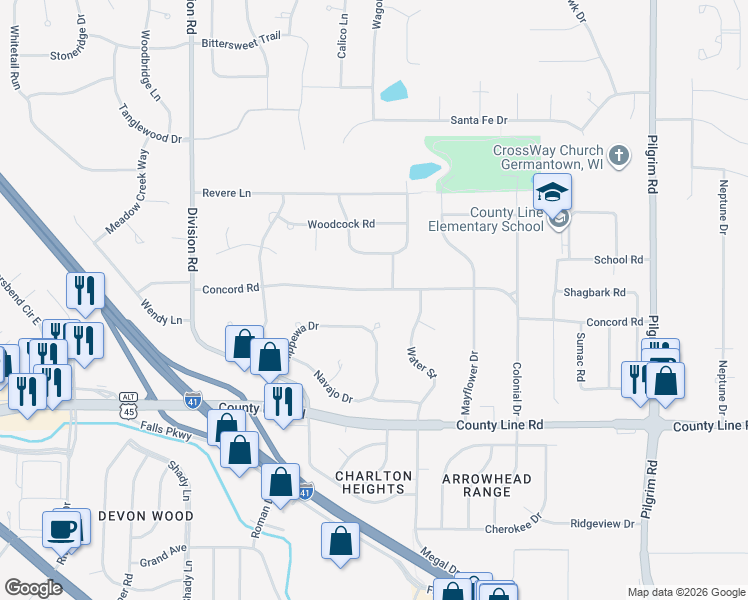 map of restaurants, bars, coffee shops, grocery stores, and more near N97W16550 Chippewa Drive in Germantown
