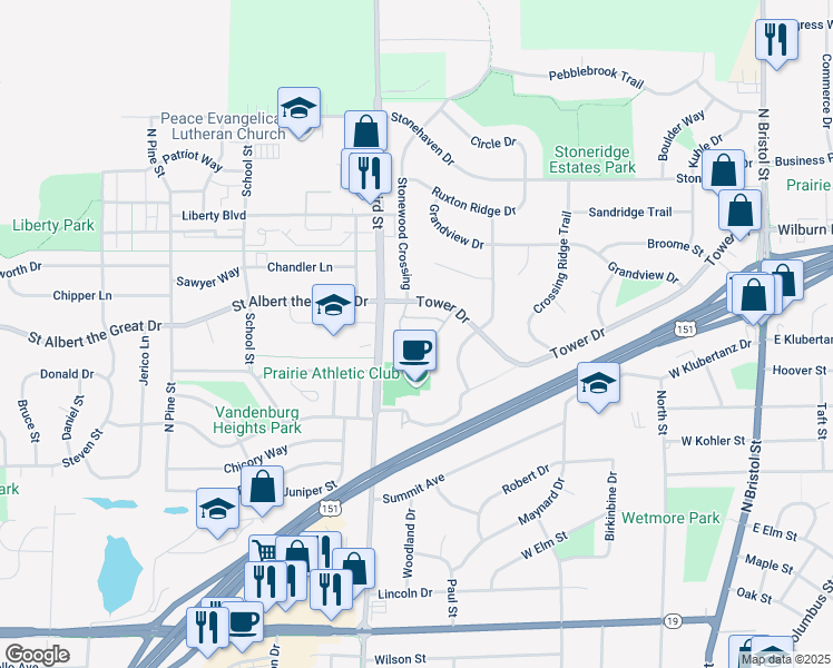 map of restaurants, bars, coffee shops, grocery stores, and more near 652 Village Lane in Sun Prairie
