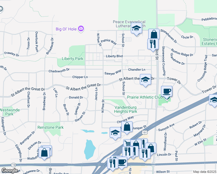 map of restaurants, bars, coffee shops, grocery stores, and more near 1217 Saint Albert the Great Drive in Sun Prairie