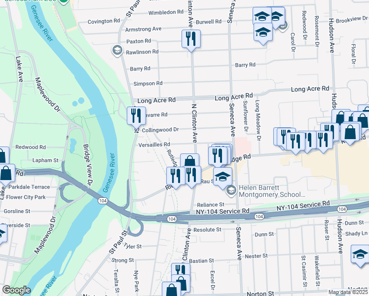 map of restaurants, bars, coffee shops, grocery stores, and more near 155 Versailles Road in Rochester