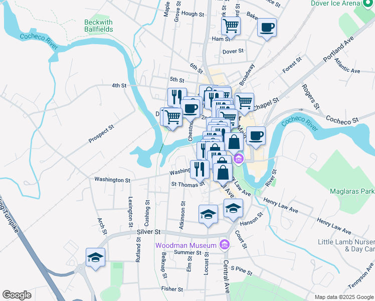 map of restaurants, bars, coffee shops, grocery stores, and more near 5 Green Street in Dover
