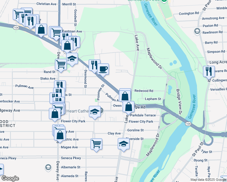 map of restaurants, bars, coffee shops, grocery stores, and more near 135 West Ridge Road in Rochester