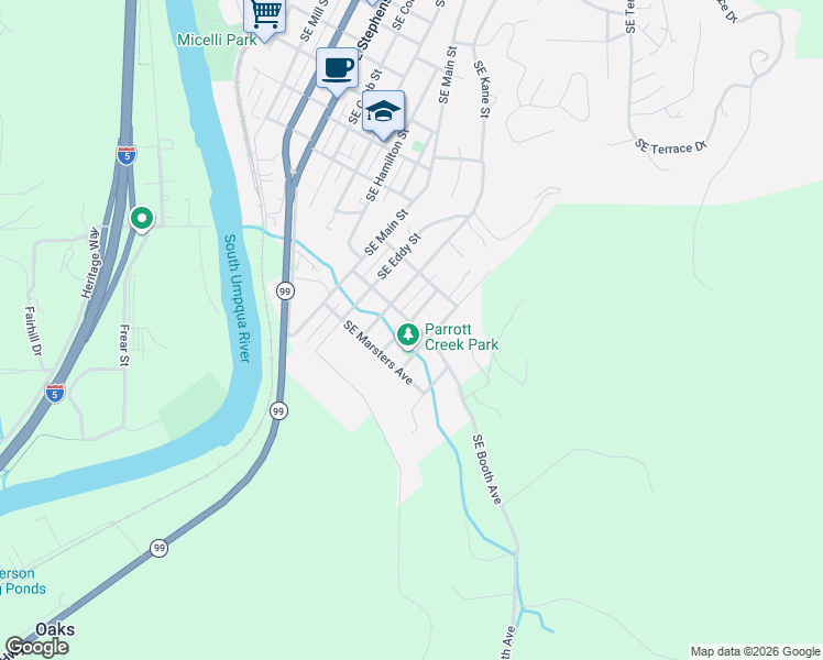 map of restaurants, bars, coffee shops, grocery stores, and more near 1811 Southeast Giles Street in Roseburg