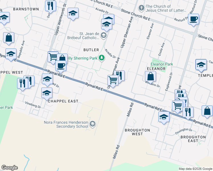 map of restaurants, bars, coffee shops, grocery stores, and more near 630 Rymal Road East in Hamilton