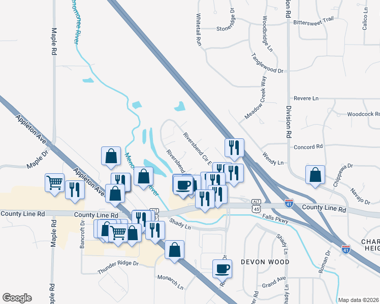 map of restaurants, bars, coffee shops, grocery stores, and more near W178N9811 Riversbend Circle East in Germantown
