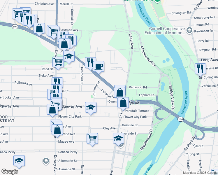 map of restaurants, bars, coffee shops, grocery stores, and more near 135 West Ridge Road in Rochester