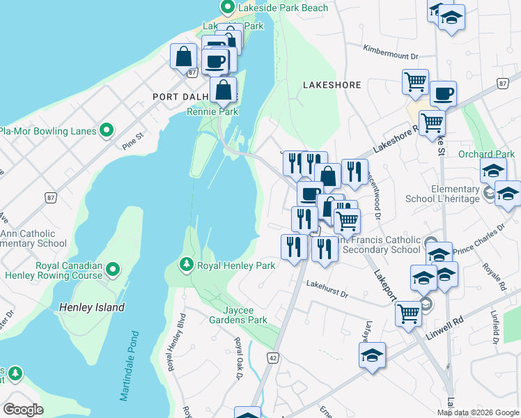 map of restaurants, bars, coffee shops, grocery stores, and more near 16 Philpark Road in St. Catharines