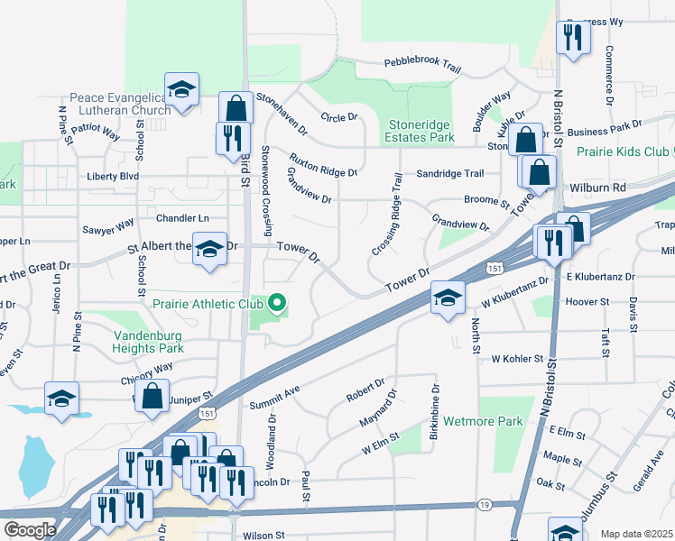 map of restaurants, bars, coffee shops, grocery stores, and more near 579 Tower Drive in Sun Prairie