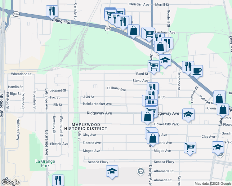 map of restaurants, bars, coffee shops, grocery stores, and more near 336 Avis Street in Rochester