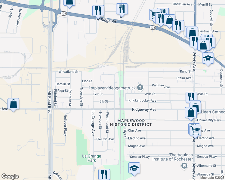 map of restaurants, bars, coffee shops, grocery stores, and more near 687 Ramona Street in Rochester