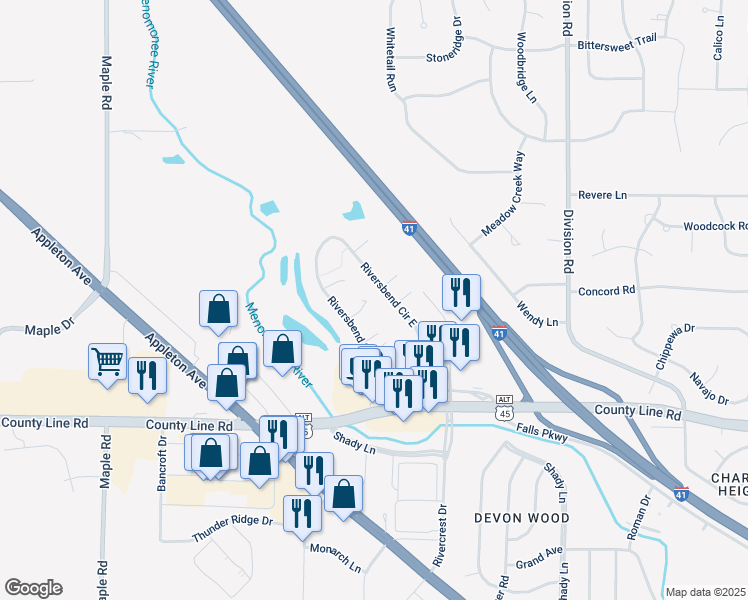 map of restaurants, bars, coffee shops, grocery stores, and more near W178N9811 Riversbend Circle East in Germantown