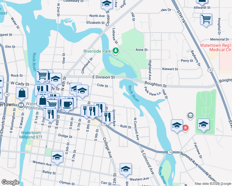 map of restaurants, bars, coffee shops, grocery stores, and more near 401 Dewey Avenue in Watertown