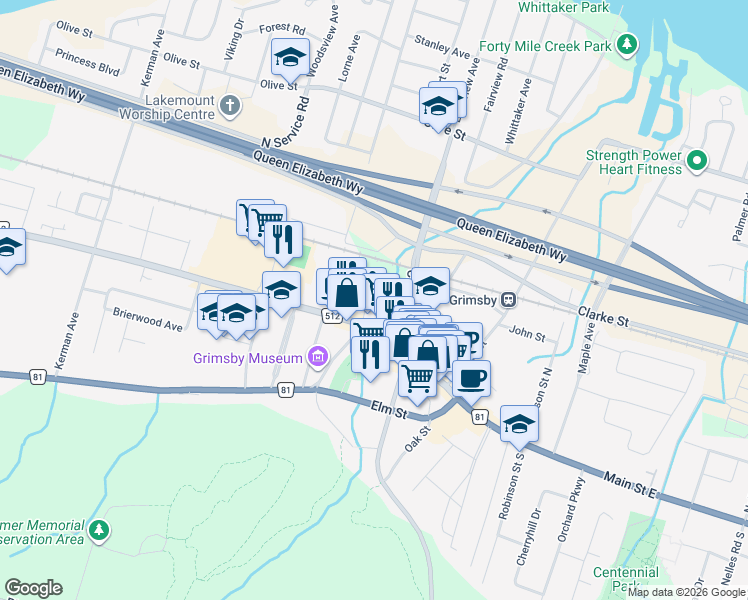 map of restaurants, bars, coffee shops, grocery stores, and more near 8 Patton Street in Grimsby