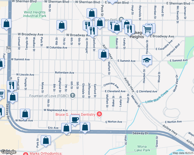 map of restaurants, bars, coffee shops, grocery stores, and more near 3128 Sanford Street in Muskegon Heights