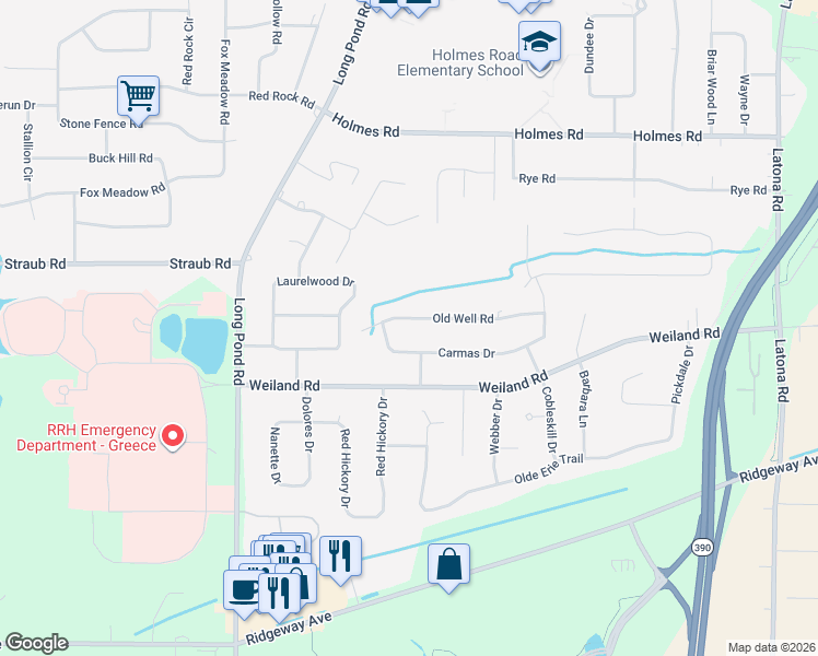 map of restaurants, bars, coffee shops, grocery stores, and more near 251 Carmas Drive in Rochester