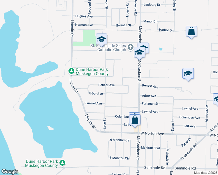 map of restaurants, bars, coffee shops, grocery stores, and more near 2174 Arbor Avenue in Norton Shores