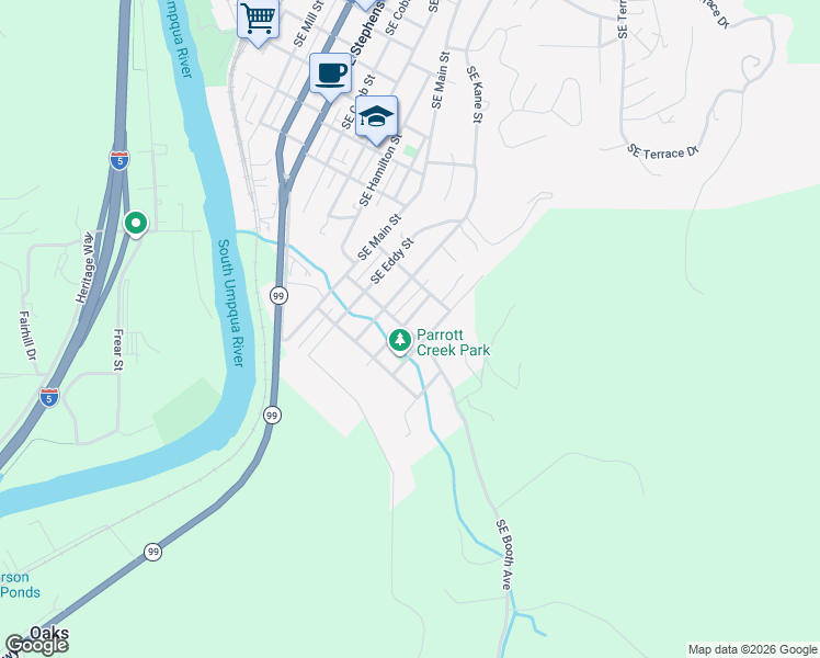map of restaurants, bars, coffee shops, grocery stores, and more near 1812 Southeast Starmer Street in Roseburg