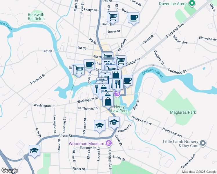 map of restaurants, bars, coffee shops, grocery stores, and more near 1 Orchard Street in Dover