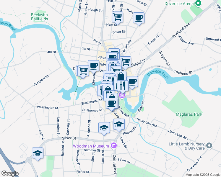 map of restaurants, bars, coffee shops, grocery stores, and more near 1 Orchard Street in Dover
