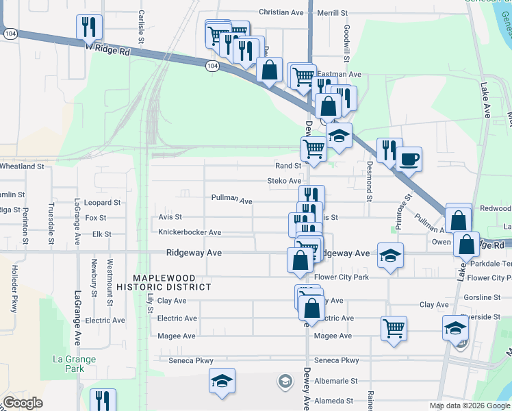map of restaurants, bars, coffee shops, grocery stores, and more near 268 Avis Street in Rochester