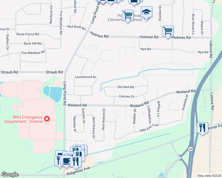 map of restaurants, bars, coffee shops, grocery stores, and more near 251 Carmas Drive in Rochester