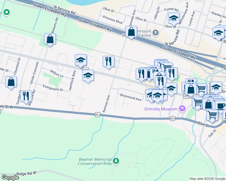 map of restaurants, bars, coffee shops, grocery stores, and more near 30 Kerman Avenue in Grimsby