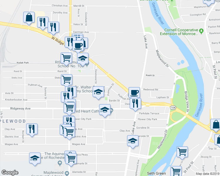 map of restaurants, bars, coffee shops, grocery stores, and more near Pullman Avenue & Primrose Street in Rochester